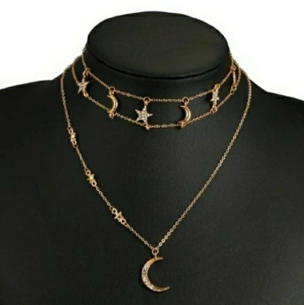 Gold Moon and Stars Layered Choker Necklace - Picture 5 of 7